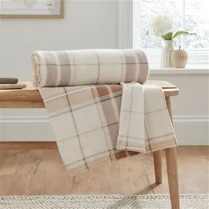 Dunelm Printed Check Fleece Throw Blanket, Country, Natural