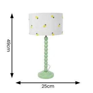 ValueLights Bobbins Sage Green Table Lamp with Lemon Embroidered Drum Lamp Shade and LED Bulb