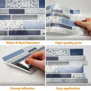 Walplus Terrazzo Silver Touch Blue And Grey Mosaic Wall 2D Tile Stickers 11.2 x 5.5 inches / 28.5 x 14 cm 12 Pcs