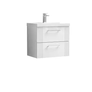 Retro 2 Drawer Wall Hung Vanity Unit with Thin-Edge 1 Tap Hole Ceramic Basin - 600mm - Satin White - Balterley