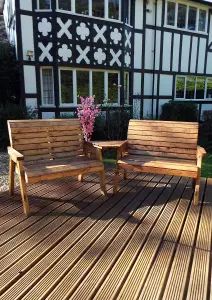 Charles Taylor Wooden Twin Garden 2 Seater Bench Set Angled & Grey Cushion