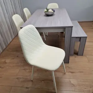 Dining Table Set In Grey, 4 Diamond-Pattern Cream Chairs, and 1 Bench. Kitchen Dining Table for 4