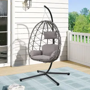 Grey Foldable Single Egg Chair Hanging Basket with Stand and Seat Cushion