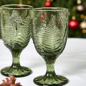 Set of 4 Vintage Luxury Green Leaf Embossed Drinking Wine Glass Wine Goblets 230ml