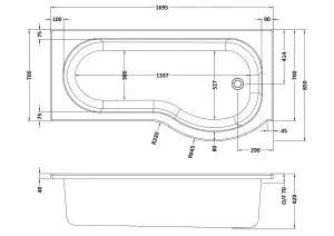 1700mm P Bathtub, Front Panel with Screen with Rail - Chrome Profile