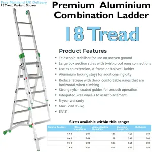 PREMIUM 18 Tread Combination Ladder 3 Section Extension Step Frame & Stairwell