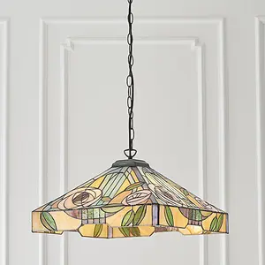 Luminosa Willow 3 Light Large Ceiling Pendant Dark Bronze, Tiffany Style Glass, E27