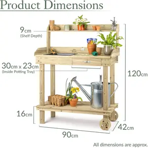 Garden Potting Table Bench Outdoor Wooden Workstation Wheels Tray Christow