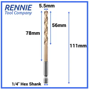 Box of 10 x 5.5mm Hex Shank HSS Gold Cobalt Jobber Drill Bit Set For Stainless Steel, Hard Metals, Aluminium, Cast Iron, Copper.