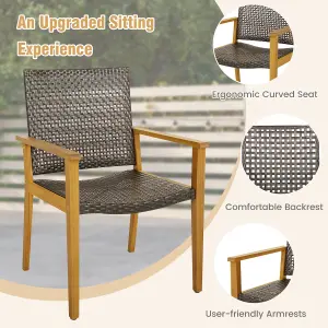 Costway Patio Dining Chairs Set of 4 Outdoor Acacia Wood & PE Wicker Chairs with Armrests