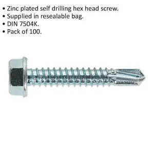 100 Pack Zinc Plated Self Drilling Hex Head Screws - 6.3 x 38mm Fixings