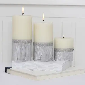 Pillar Candle Set of 3 Silver & White Two Tone Candles by Laeto Ageless Aromatherapy - FREE DELIVERY INCLUDED