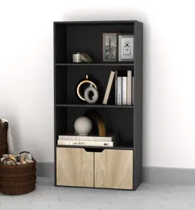 URBNLIVING Height 118Cm 4 Tier Wooden Bookcase Cupboard with Doors Storage Shelving Display Colour Black Door Oak Cabinet Unit