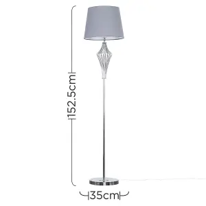 ValueLights Jaspa Chrome Metal Wire Geometric Diamond Design Floor Lamp with Grey Tapered Shade with 6w LED GLS Bulb In Warm White