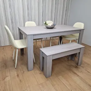 Dining Table Set In Grey, 4 Diamond-Pattern Cream Chairs, and 1 Bench. Kitchen Dining Table for 4