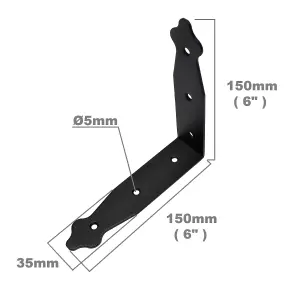 Pack of 1 x Black Corner Bracket - 150 x 150 mm Steel Right Angle Braces L Shaped Retro Decorative Metal Bracket 90 Degree Corner