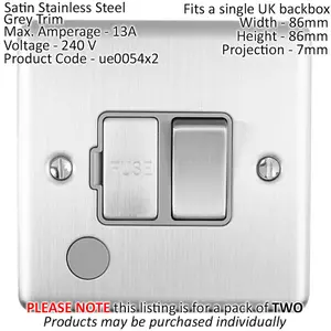 2 PACK 13A DP Switched Fuse Spur & Flex Outlet SATIN STEEL & Grey Isolation