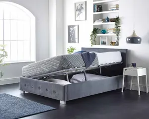 Aspire Side Opening Ottoman Storage Bed in Grey Plush Velvet, Double