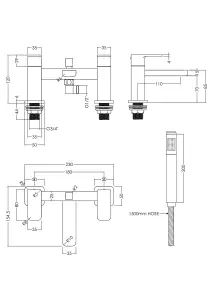 Deck Mount Square Bath Shower Mixer Tap with Shower Kit Chrome