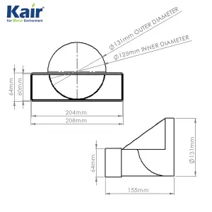 Kair Ducting Adaptor 204mm x 60mm to 125mm - 5 inch Rectangular to Round Straight Channel Connector