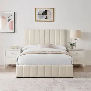 Leo Cream Velvet Fabric King Size 5FT Ottoman Storage Bed Frame