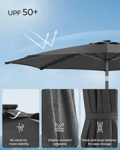 SONGMICS Parasol, Garden Umbrella, 32 Solar Powered LED Lights, Dual-Tilt System, Outdoor, Without Base, Grey