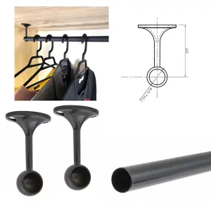 Suspended Round Wardrobe Rail Hanging Tube Pipe 1100mm Black Matt Set with End Brackets