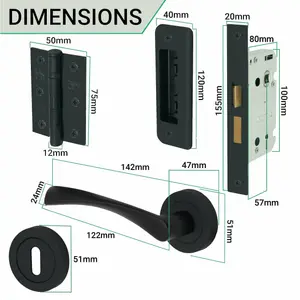 EAI - Swept Lever on Rose Lock Kit / Pack - 80mm Sash Lock & 76mm Hinges - Matt Black