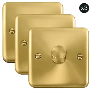 3 PACK - Curved Satin / Brushed Brass 1 Gang 2 Way LED 100W Trailing Edge Dimmer Light Switch - SE Home