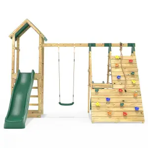 Rebo Wooden Climbing Frame with Swings, 6+8FT Slides & Climbing Wall - Alverstone