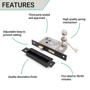 EAI Sashlock 65mm / 44mm Backset BLACK 3 lever for Internal Wooden Door 2 Keys CE UKCA & Fire Door Approved Anti Rattle Keep