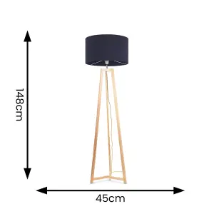 ValueLights Lottie Natural Wood Tripod Floor Lamp with Navy Blue Drum Shade