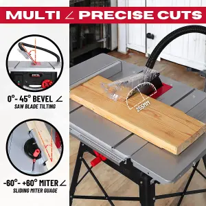 Excel 255mm Table Saw - 240V/1800W with Leg Stand, Side Extensions & Blade