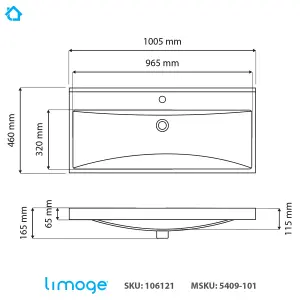 5409 Ceramic 100cm x 45cm Thick-Edge Inset Basin with Scooped Full Bowl