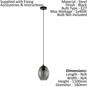 Pendant Ceiling Light Black Shade Black Transparent Smoked Glass E27 1x40W