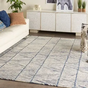 Blue Easy to Clean Abstract Geometrical Handmade Modern Wool Rug for Living Room, Bedroom - 114cm X 175cm