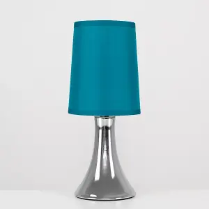 ValueLights Small Modern Chrome Touch Table Lamp With Teal Fabric Shade - Includes 5w LED Dimmable Candle Bulb 3000K Warm White