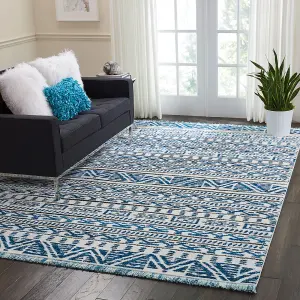 Ivory Blue Modern Shaggy Geometric Moroccan Dining Room Bedroom & Living Room Rug-66 X 229cm (Runner)