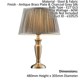 Table Lamp Antique Brass & Charcoal Grey Silk 60W E27 Bedside Light e10525