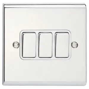 Deta SD1205CHW Slimline Décor Light Switch 10 Amp 3 Gang 2 Way (Polished Chrome / White Insert)