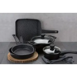 Prestige Stone Quartz Black Round Aluminium Induction Suitable Non-Stick Cookware Pan Set Pack of 5