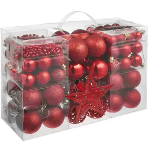 Christmas Decorations - 84 red baubles, string of beads, star tree topper - red