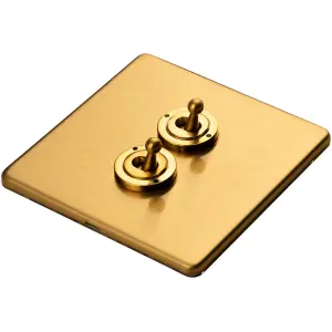 5 PACK 2 Gang Double Retro Toggle Light Switch SCREWLESS SATIN BRASS 10A 2 Way