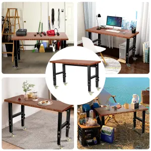 Costway 120cm Adjustable Workbench Heavy-duty Workstation W/ Bamboo Top & Lockable Casters