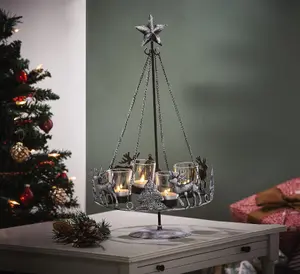 Christmas Centrepiece Candleholder - Freestanding Xmas Tree & Reindeer Design Tealight Holder - H47cm x 25cm Diameter