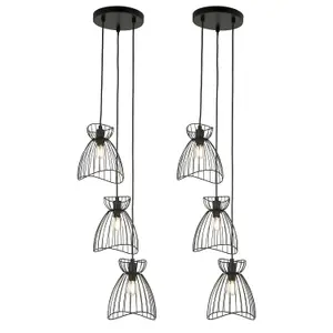 First Choice Lighting Set of 2 Diablo Black Cage Design 3 Light Ceiling Pendant Lights