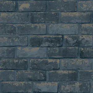 Debona Metallic Navy Blue Brick Wall 3d Effect Rustic Stone Feature Wallpaper