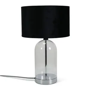 ValueLights Jessy Glass and Silver Chrome Metal Bedside Table Lamp with a Black Velvet Lampshade - Bulb Included