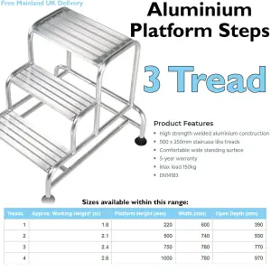 750mm Tall Stable Steps Sturdy Aluminium Frame 500mm Wide 3 Tread Step Ladder