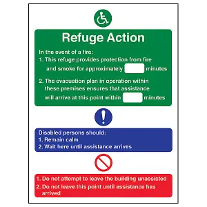 Refuge Action Fire Safety Evac Sign - Adhesive Vinyl - 200x300mm (x3)